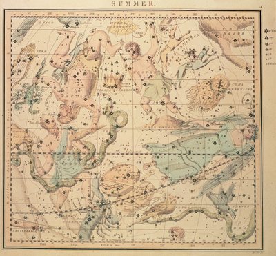 Celestial chart: Summer, showing signs of the zodiac, positions of the stars and astrological instruments, engraved by John Emslie (1813-75) by Unknown